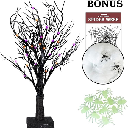 Dazzle Bright 20 Inch Orange & Purple Lighted Halloween Birches Tree Decor, 24 LED Battery Operated Halloween Decorations Artificial Black Spooky Tree with Timer for Indoor Home Holiday Xmas Party