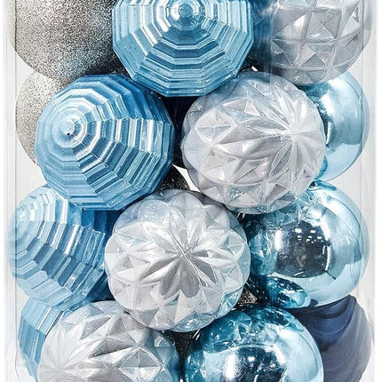 Christmas Ornaments Decorations 30ct Xmas Tree Balls Baubles Sets Decor, Shatterproof, Blue & Silver(2.36in)