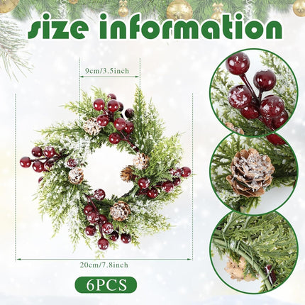 6 Pcs Christmas Candle Rings Wreath Mini Christmas Table Centerpieces Red Berry Pinecones Wreaths for Kitchen Cabinet for Farmhouse Xmas Front Door Porch Wall Christmas Thanksgiving Fall Decorations