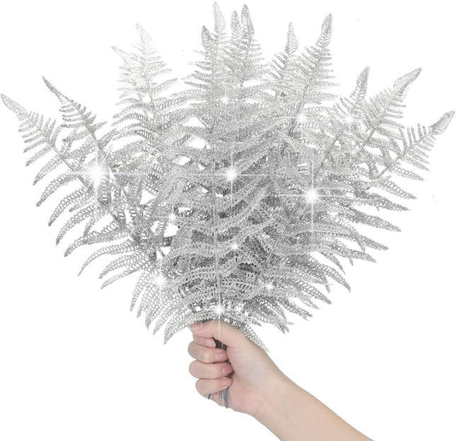 Yunsailing 20 Pcs Christmas Glitter Leaves Artificial Flashing Leaves Tropical Leaf Wedding Pick Flower Arrangement Wreaths DIY Hanging Ornament for Wedding Party Decoration(Silver, 20 Pcs)