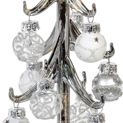 Red Co. 6" Small Metallic Silver Glass Christmas Tree Tabletop Decoration with Glittered Removable Ornaments