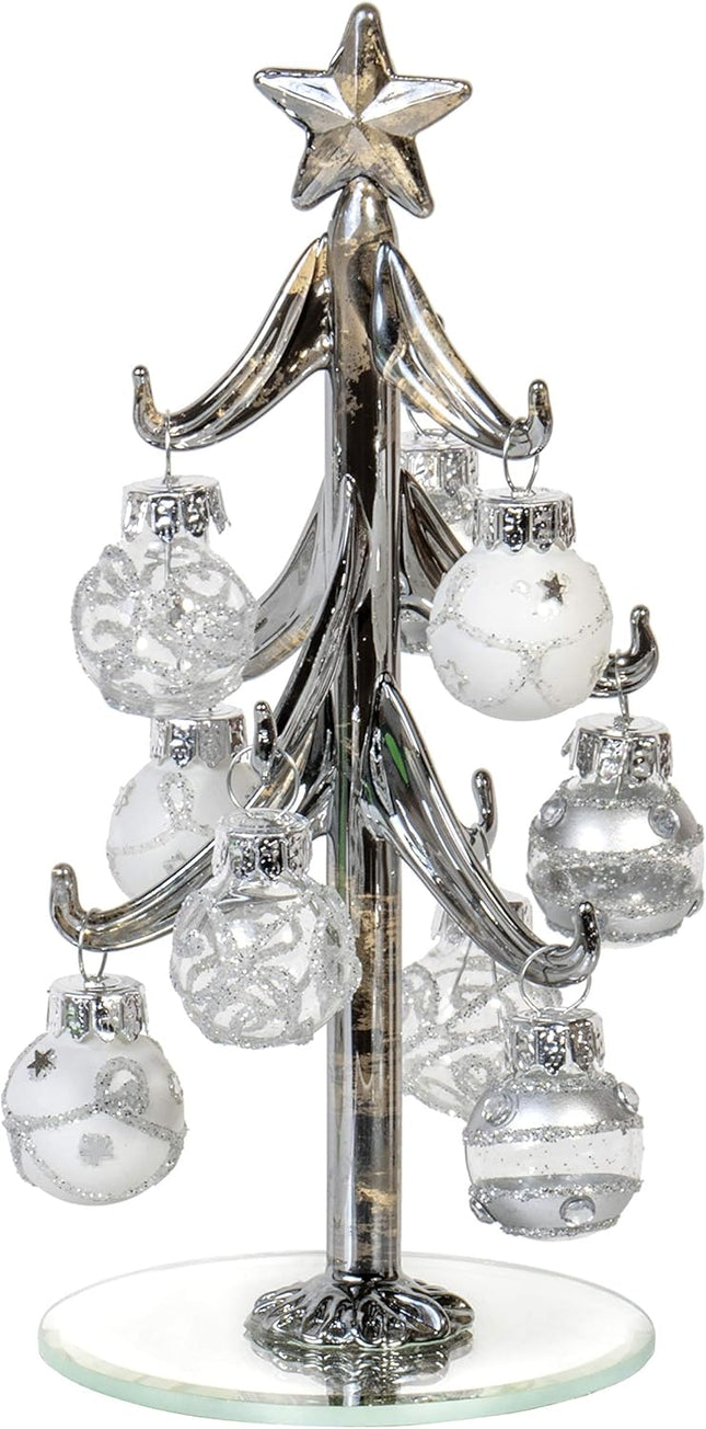 Red Co. 6" Small Metallic Silver Glass Christmas Tree Tabletop Decoration with Glittered Removable Ornaments