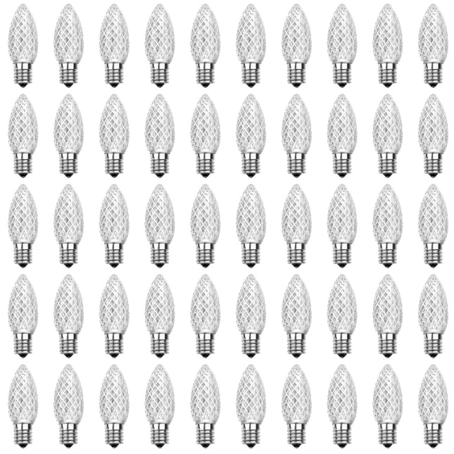 Meconard C9 Led Replacement Christmas Light Bulbs, C9 Shatterproof Led Bulbs for Christmas Indoor Outdoor String Lights, E17 Intermediate Base, Commercial Grade Holiday Bulbs, Cool White, 50Pack