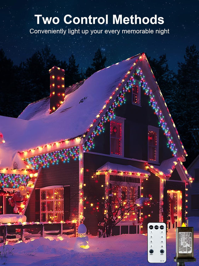 32.8FT Icicle Lights, Christmas Lights Outdoor with 400LED 75 Drops, IP65 Waterproof Eaves Lights, 8 Modes, Hanging Fairy Lights for Christmas Eaves Garden Room Decoration Multicolor