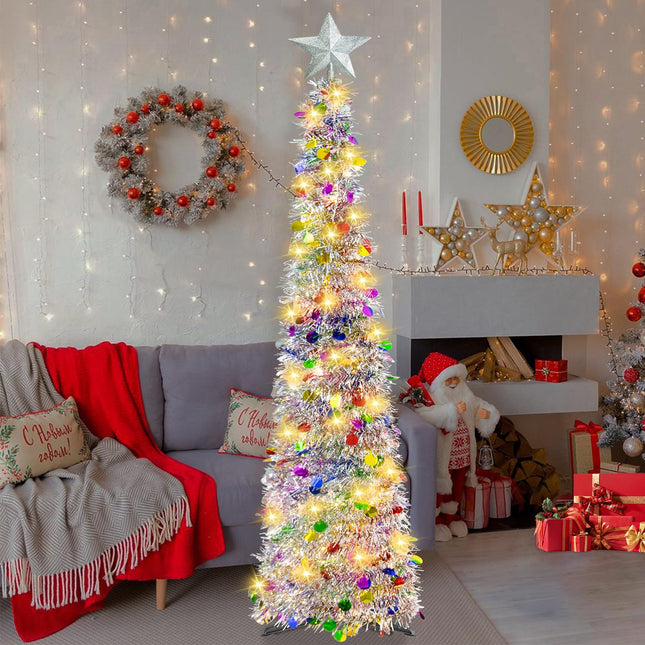 6FT Pop Up Christmas Tinsel Tree with 100 Multi-Color Lights - Collapsible Colorful Sequin Artificial Christmas Pencil Trees Decorations for Home Apartment Party Indoor Outdoor (Colorful Silver)
