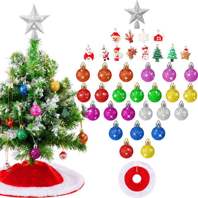 38 Pieces Mini Christmas Tree Skirt Mini Christmas Tree Set Mini Christmas Ball Ornaments Multicolor Glitter Ball Ornaments Mini Resin Christmas Ornaments for Miniature Xmas Tree Decor (Silver Star)
