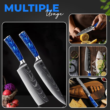 10 Pcs Set Sky Knives Santoku Nakiri Chef Kitchen Knife Blue Handle Stainless Steel