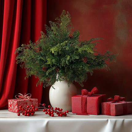 10PCS Artificial Pine Needles Branches with Pine Cones Christmas Greenery Stems Christmas Artificial Greenery Floral Arrangements for Garland Wreath
