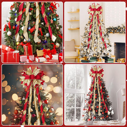 Christmas Tree Topper Bow with Streamers, 53x13 Inches Xmas Large Topper Bow Red Velvet Bows with Glitter Powder for Xmas Ornament Indoor/Outdoor Decor