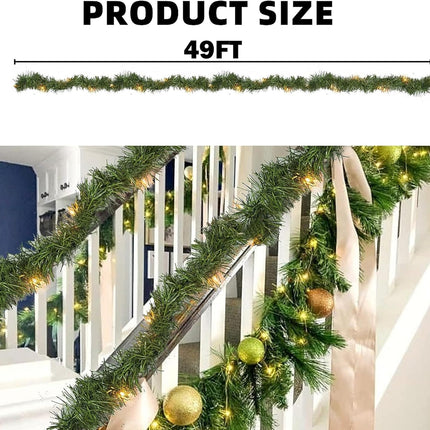 NEROSUN 50 FT Christmas Green Garland, 150 LED Pre-lit Lights Lighted Artificial Pine Garlands, for Indoor Outdoor Gate Home Winter Holiday Christmas Decorations