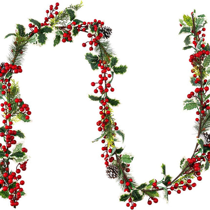 Jelofly 7FT Red Berry Christmas Garland with Pine Cone Needle Garland Christmas Xmas Decorations Indoor Outdoor Garden Gate Home Fireplace Decoration Winter Christmas Holiday Year Decor