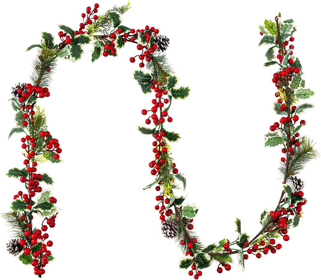 Jelofly 7FT Red Berry Christmas Garland with Pine Cone Needle Garland Christmas Xmas Decorations Indoor Outdoor Garden Gate Home Fireplace Decoration Winter Christmas Holiday Year Decor