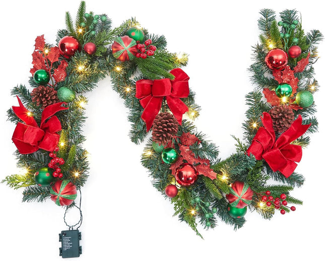 6ft Christmas Garland with Lights, Prelit Outdoor Christmas Garland with 20 LED Lights Red Green Ball Ornaments Pinecones and Ribbon Bow for Indooor Mantle Fireplace Staircase Decorations
