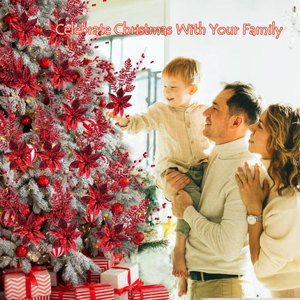 Artificial Glitter Berry Stem Ornaments, 18 Pack 17.5 Inch Red Fake Christmas Picks Decorations with Poinsettia Christmas Flowers,Twigs Bead Sticks for Christmas Tree Wedding Small Vase Wreath Decor
