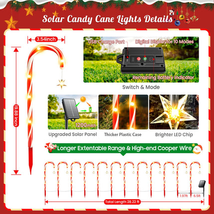 KOOPER Christmas Decorations Outdoor, 24Pack Solar Candy Cane Lights Outdoor Christmas Decorations with 10 Modes, Solar & USB Charging Waterproof Solar Christmas Pathway Lights for Garden Party Patio