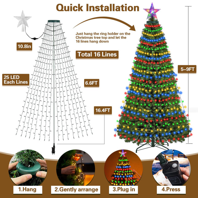 DBF 400 LED Multicolor Christmas Tree Lights, Christmas Lights Indoor with Star Tree Topper, 6.6FT x 16 Drop Christmas Lights Outdoor with 8 Models & Memory Function for Christmas Decorations