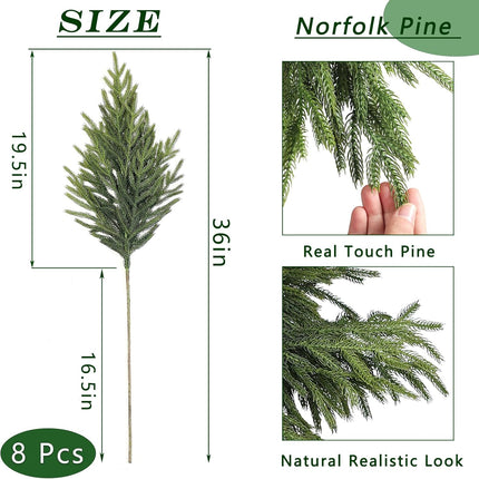 FOTEEWL Real Touch Norfolk Pine Branch - 36" Artificial Christmas Green Plants Branches Faux Greenery Stem Fake Pine Picks for DIY Crafts Garland Wreath Xmas Indoor Outdoor Home Decor (8 Pcs)
