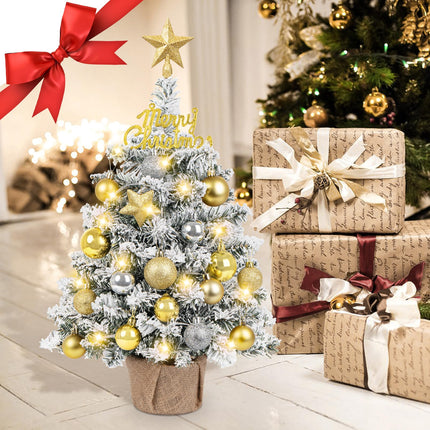 24 Inch Tabletop Mini Christmas Tree, Snow Flocked Prelit Artificial Small Christmas Tree with Lights, Star Treetopper and Hanging Ornaments for DIY Christmas Decorations for Home Party