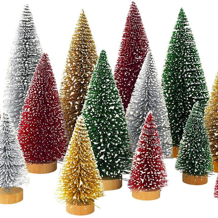 Whaline 16Pcs Artificial Mini Christmas Tree Snow Frosted Trees Red Green Gold Silver Bottle Brush Tree Desktop Mini Pine Tree with Wood Base for Christmas Home Office Tabletop Crafts, 3 Sizes