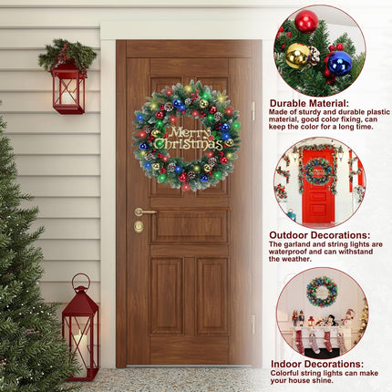 24 Inch Christmas Wreath with 50 LED Lights, Artificial Christmas Wreath for Front Door with Pine Cones Berry 8 Modes Battery Operated Christmas Wreath for Windows Fireplace Outdoor Xmas Decor