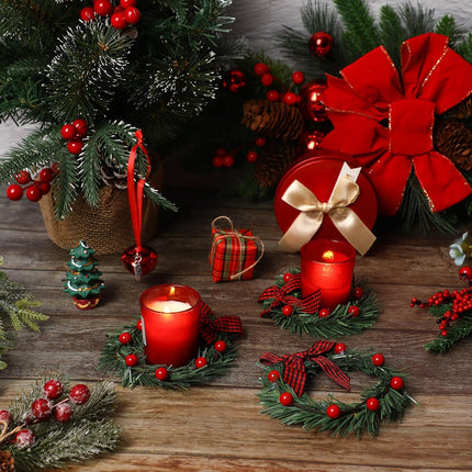 24 Pcs Christmas Candle Rings with Red Berry Grass Wreath Candle Holder Rings Small Candle Wreaths Rings for Pillars Rustic Wedding Centerpiece Christmas Table Decoration for Front Door