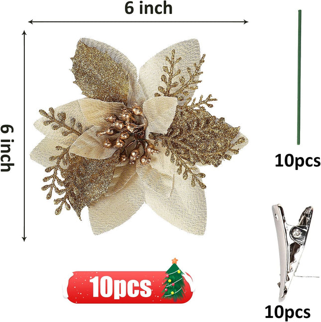 RECUTMS Christmas Tree Ornaments 10Pcs Glitter Poinsettia,Artificial Poinsettia Flowers Xmas Tree Ornaments 6" Wide for Xmas Tree Wreaths Garland Holiday Seasonal Wedding Decorations(Gold)