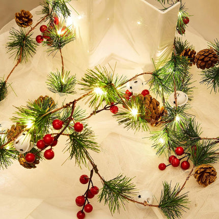 Fleeting Time Pine Cone Christmas Garland Lights, 2 Pcs 6.56 Ft 20 LED Lights String with Red Berry and Bells,Indoor Outdoor Thanksgiving Xmas Holiday Decoration (Bell)