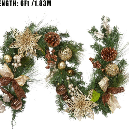 Adeeing 6ft Prelit Christmas Garland with 20 Lights, Xmas Fake Vines with Bows Christmas Balls Flowers Berries Greenery Christmas for Front Door Fireplace Mantel Porch Holiday Decorations