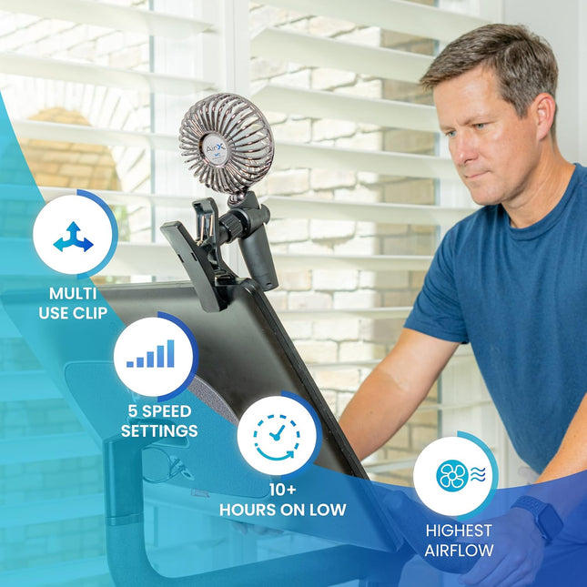 Modern Comfort Airx Portable Personal Fan MultiUse Clip Stand For Home, Gym, Outdoors, Office, Desk, Peloton... 5Speeds Vs 3 Long