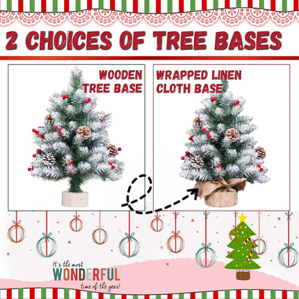 Mini Christmas Tree 2FT with Lights丨White Tabletop Christmas Tree with Flocking Snow Frost Tips Berries Wood Base with Burlap 55CM Small Xmas Pine Tree for Holiday Home Decoration