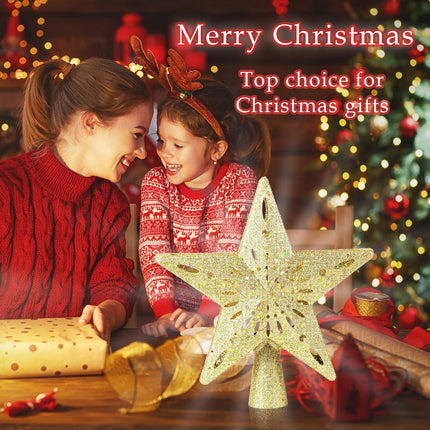 Christmas Tree Topper Lighted with 8 Projection Modes, Christmas Star Tree Topper Built-in LED Rotating Lights, 3D Gold Star Tree Top Glitter Projector for Xmas Party Holiday Decorations