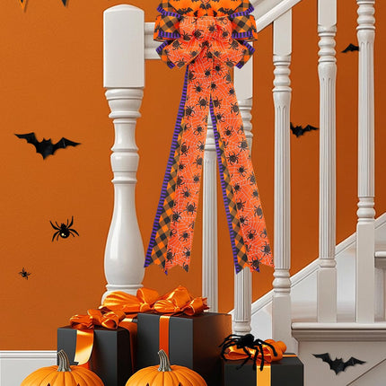 Large Halloween Tree Topper Bow - Christmas Tree Decor Bow with 3 Various Ribbons, Hanging Halloween Tree Ornaments with Ties for Home Front Door Stair Holiday Party, Orange