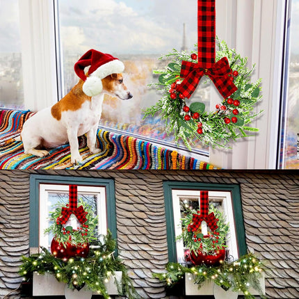 Mini Cabinet Christmas Wreath - 2Pcs 9IN Artificial Red Berries Plaid Small Christmas Wreath for Kitchen Cabinets, Window Porch Wall Indoor Home Hanging Decorating