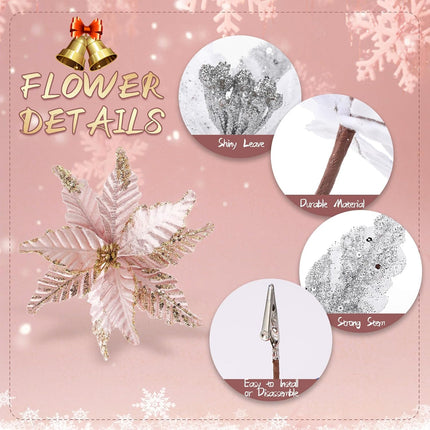12 Pcs Christmas Glitter Fabric Poinsettia 10 Inch Artificial Christmas Flower with Clips Large Head Christmas Tree Ornaments Faux Xmas Flower with Stems for Wedding Party (Rose Gold)