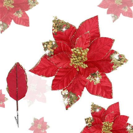 U'Artlines 12 Pcs Large Poinsettias Artificial Christmas Flowers with Clips, 9 Inch Glitter Red Poinsettia Flowers Christmas Decorations for Xmas Tree Year Holiday Wedding Party Ornaments