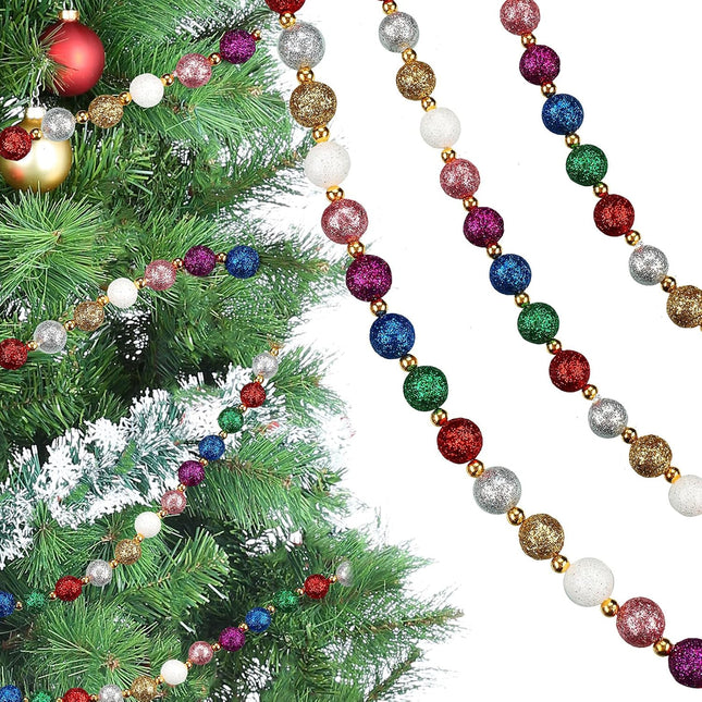 WILLBOND 20 Feet Christmas Multi-Color Glitter Beaded Garland Red Green Blue Purple Gold Silver White Pink Glitter Ball Christmas Garland for Fireplace Christmas Tree Decor