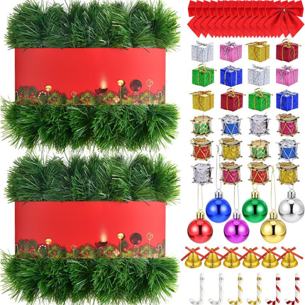 100FT Green Garland Christmas Decor Tinsel Garland Non-Lit Christmas Garland Outdoor with Xmas Ornaments Soft Garland Artificial Christmas Decoration for Stair Railing Fireplace Indoor Home Mantle