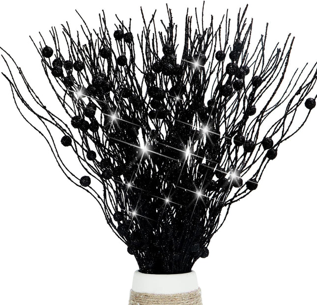 10 Pcs Artificial Glitter Berry Stems for Christmas Tree Picks Curly Sprays Faux Glitter Berry Branches Christmas Tree Twigs Filler Decorations Festival Wreath Supplies Table Centerpiece (Black, 10)