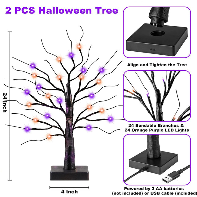 2 Pack 24 Inch Black Halloween Tree with 24 LED Orange Purple Lights, USB/Battery Operated Halloween Table Decorations Tree Light with Timer, Scary Halloween Decorations Indoor for Home Party Decor