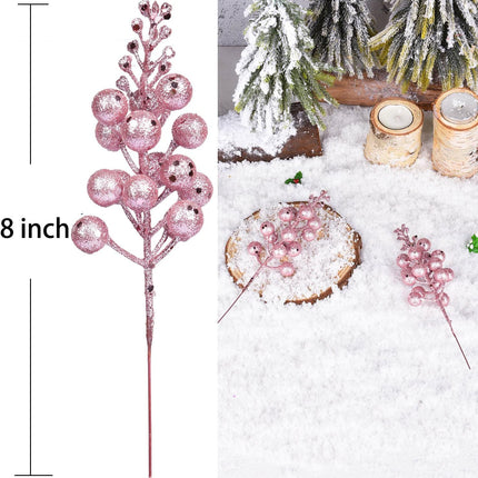 20 Pack Christmas Glitter Berries Stems, 8 Inch Champagne Artificial Christmas Picks for Christmas Tree Ornaments, DIY Xmas Wreath, Crafts, Holiday and Home Decor (Pink)
