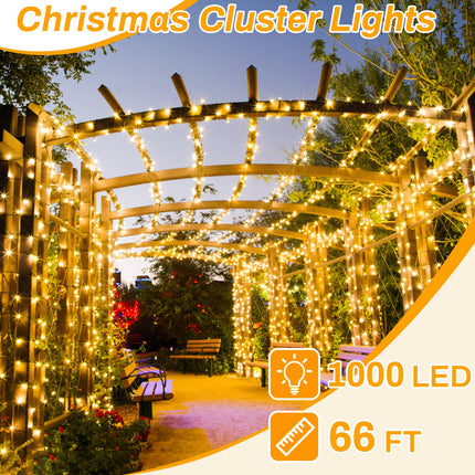 Christmas Lights 1000LED 66FT Waterproof Outdoor Christmas Lights Timer 8 Modes Twinkle Fairy Lights LED String Lights Indoor Christmas Tree Lights for Wedding Party Yard House Decor (Warm White)