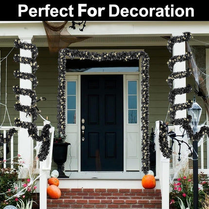 100 LED Lights TURNMEON 33 Ft Long Black Christmas Prelit Black Tinsel Garland Decorations Thick Thin Shiny Metallic Tinsel Twist Garland for Christmas Tree Decorations Home Indoor Outdoor Party