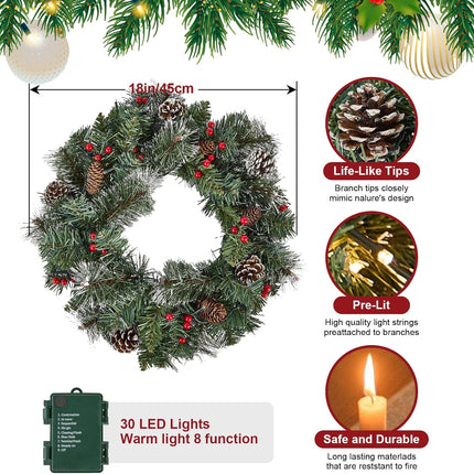 18Inch Christmas Wreath, Artificial Prelit Christmas Wreath with Lights for Door, Battery Operated Lighted Indoor Christmas Wreath