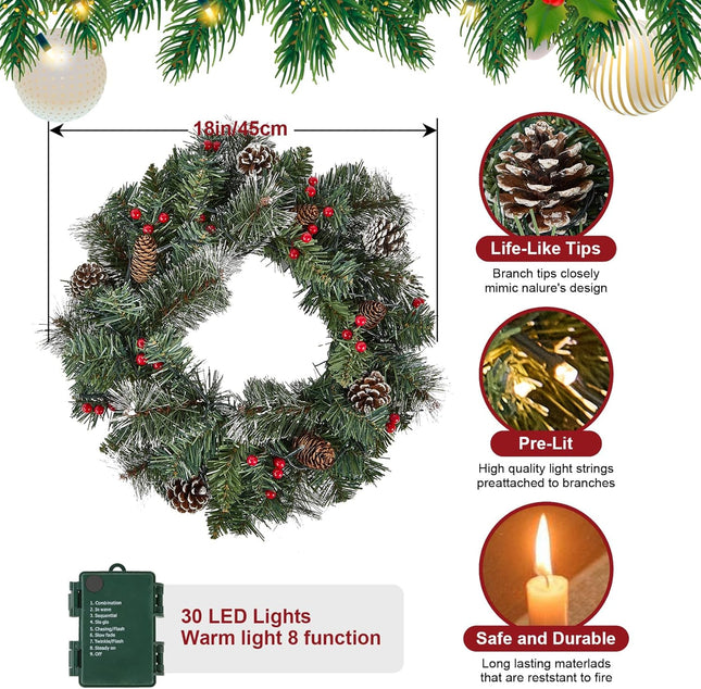 18Inch Christmas Wreath, Artificial Prelit Christmas Wreath with Lights for Door, Battery Operated Lighted Indoor Christmas Wreath
