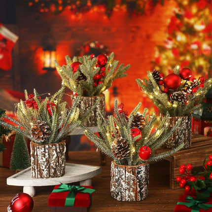 4PCS Small Christmas Tree 13.8 x 11.8 Artificial Mini Tabletop Christmas Tree Decor Mini Christmas Tree with Berries and Pine Cones Xmas Table Centerpiece Home Potted Tree with LED Lights for Party