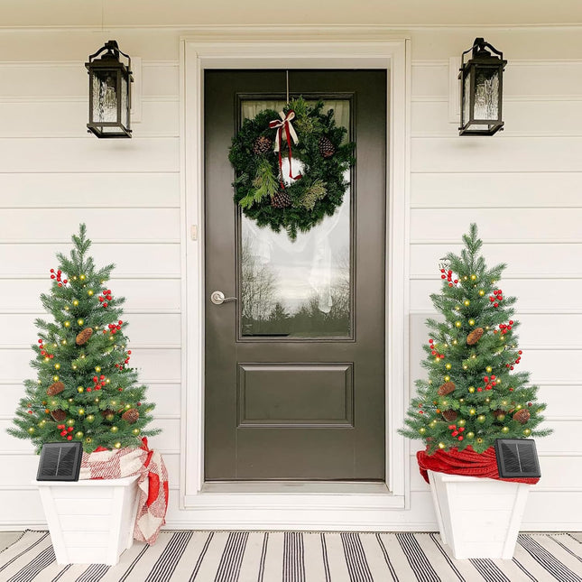2 Set 30Inch Outdoor Christmas Tree, Pre-Lit 50LED Solar Power Christmas Porch Decorations Outdoor Tree, Hundreds Branch Tips Lush, Pine Cones, Red Berries and Red Ball (Classic Green)