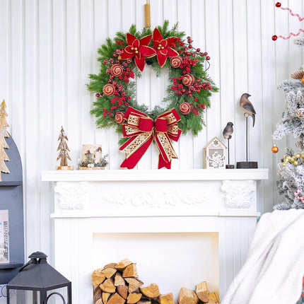 Christmas Wreaths for Front Door, Soomeir Winter Wreath with Large Red Bow, Red Berries and Christmas Balls, for Wall Windows Mantle Outdoor Christmas Decoration