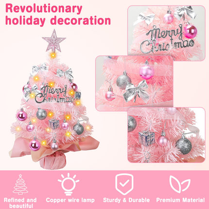 Pink Small Christmas Tree - 2 FT Mini Christmas Tree with LED Lights Tree Topper Pink Small Ornaments - Table Top Little Artificial Christmas Tree 24" Tiny Xmas Tree Christmas Decorations Indoor