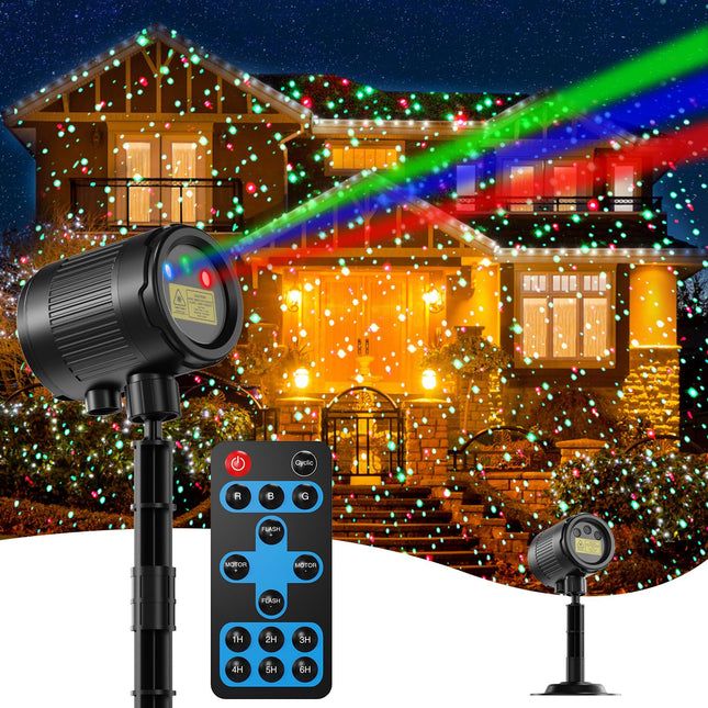 Christmas Projector Lights Outdoor, 3 Colors RGB Christmas Laser Lights Outdoor with Remote Control, IP65 Waterproof Cold Resistant Christmas Decorations Holiday Projector for Xmas Garden Party