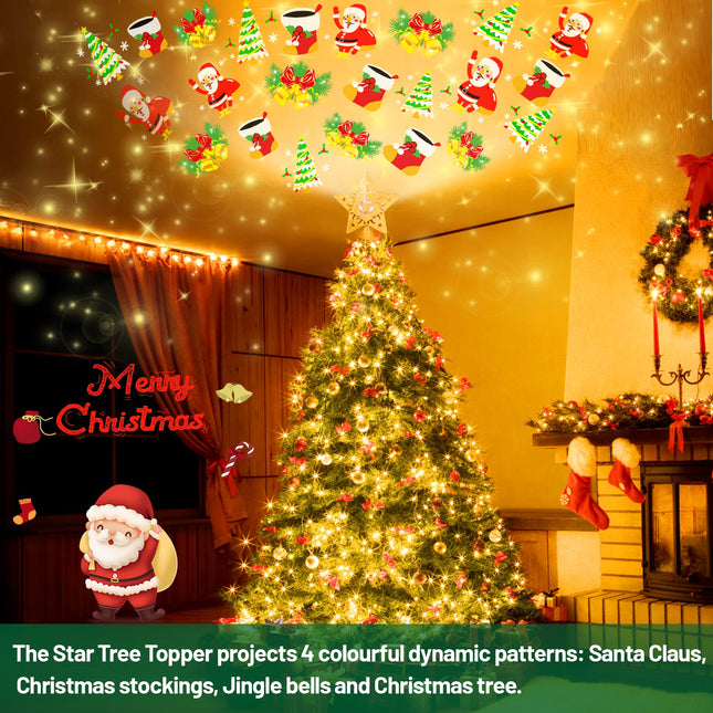 Star Christmas Tree Topper Lighted with Built-in Rotating LED Projector Glitter Bethlehem Star Ornament Hollow Pentagram Treetop Projection Night Light for Christmas Decoration Year Party
